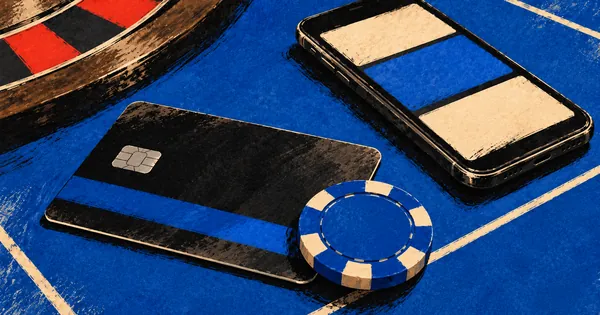 A bank card, a phone with a plain payment screen and a casino chip by a roulette wheel