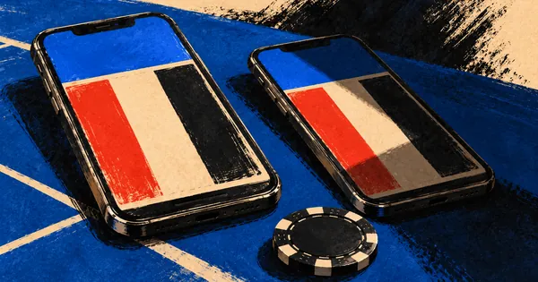 Two phones with similar casino screens and a single chip