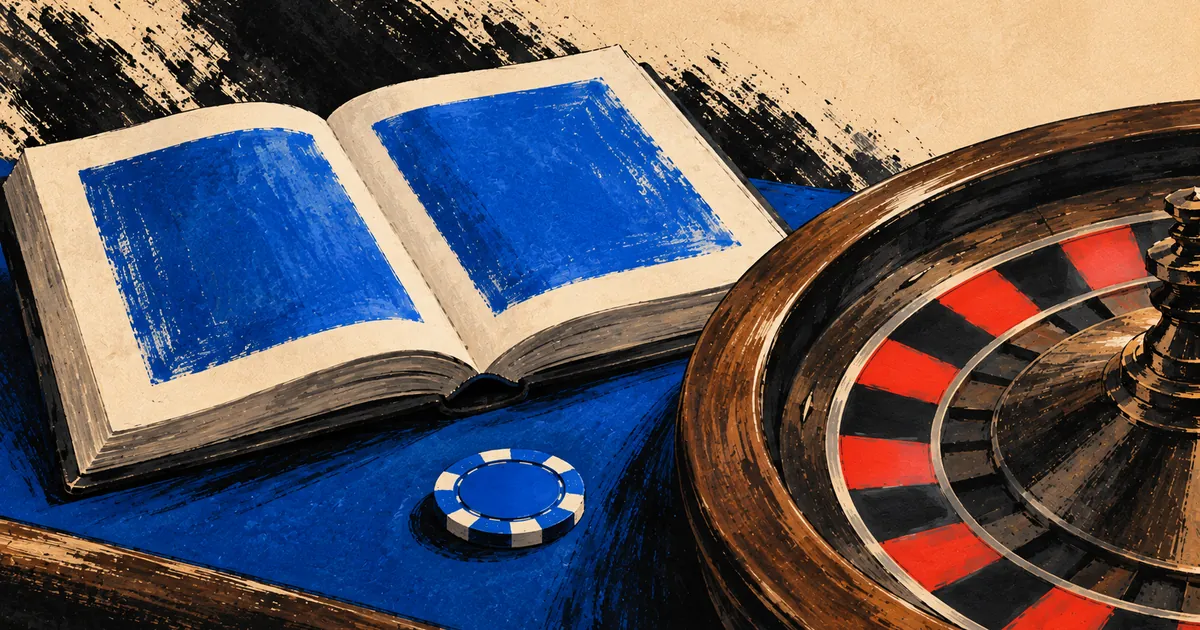 An open rule book at the edge of a roulette wheel, with one chip