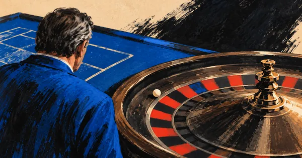 Painted roulette wheel on a blue casino table, a man in a suit watching from behind