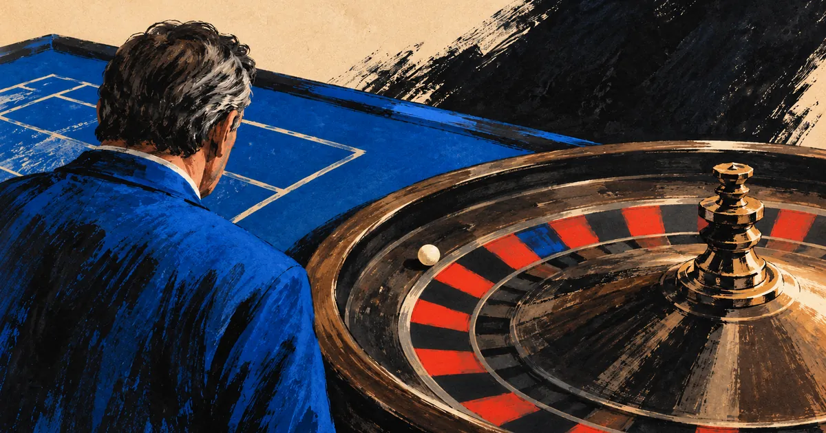 Painted roulette wheel on a blue casino table, a man in a suit watching from behind