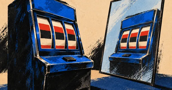 A slot machine and its reflection in a large mirror