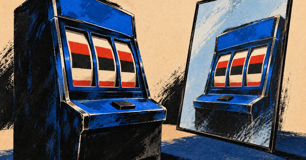 A slot machine and its reflection in a large mirror