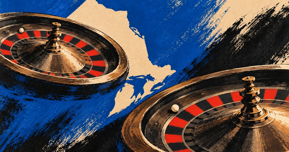 Two identical roulette wheels on different colour fields, with a silhouette of Ontario