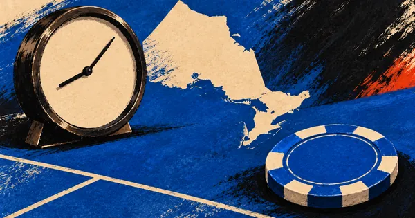 A clock without numbers and a chip on blue felt, with a silhouette of Ontario