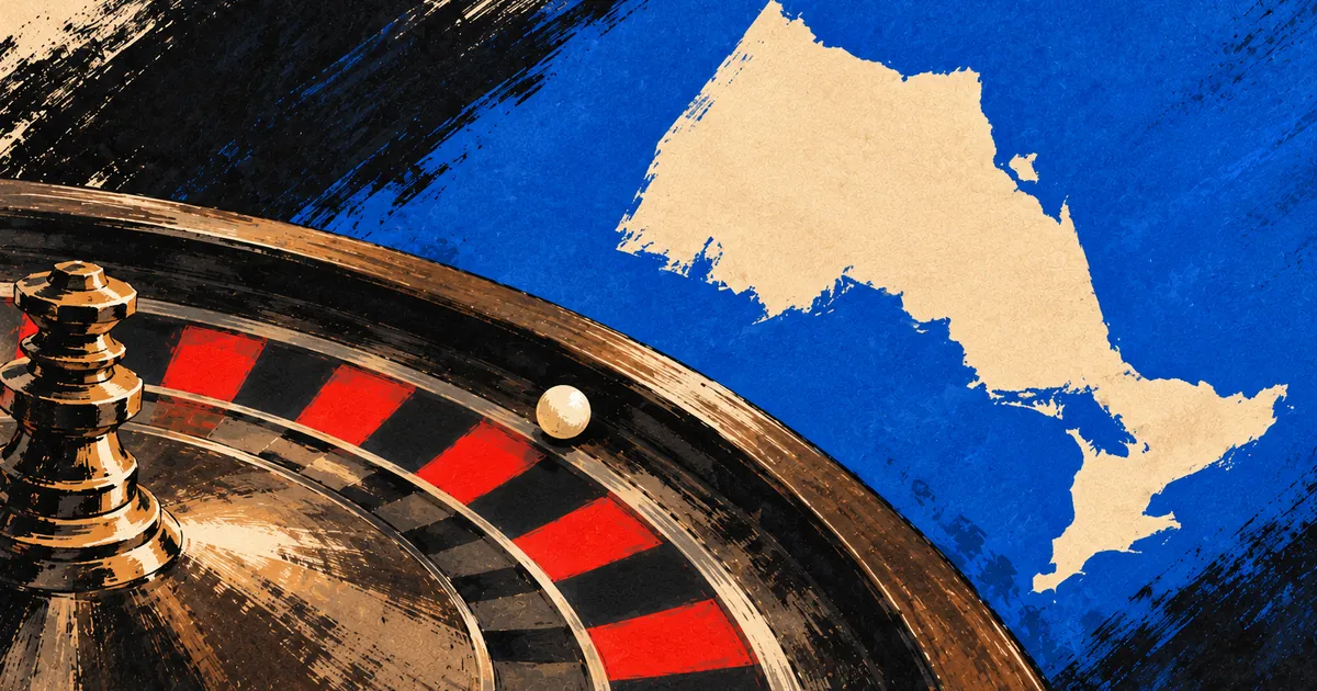 Close-up of a roulette wheel beside a cream silhouette of Ontario