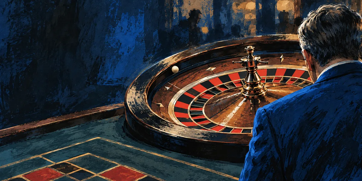 Painted roulette wheel on a blue casino table, a man in a blue jacket watching it from behind